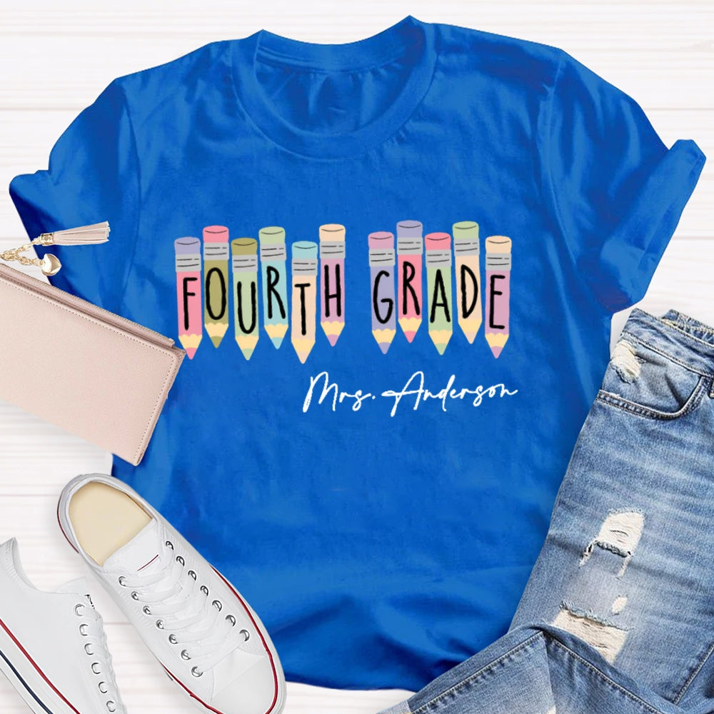 Personalized Name  And Grade Fourth Grade Colored Crayons T-shirt