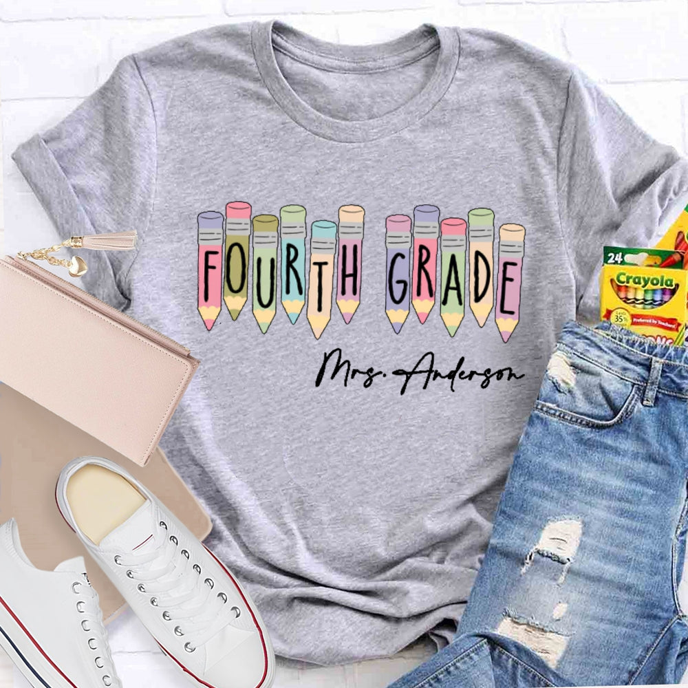 Personalized Name  And Grade Fourth Grade Colored Crayons T-shirt