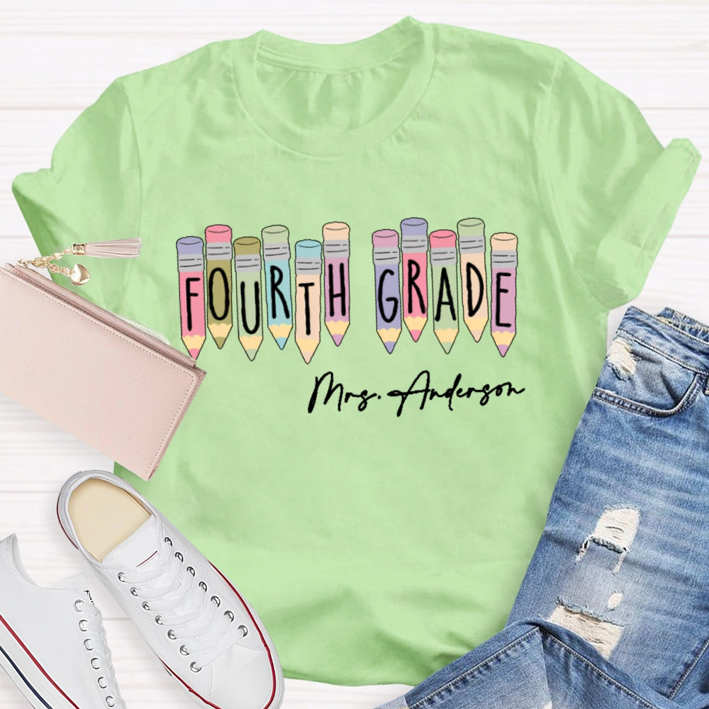 Personalized Name  And Grade Fourth Grade Colored Crayons T-shirt