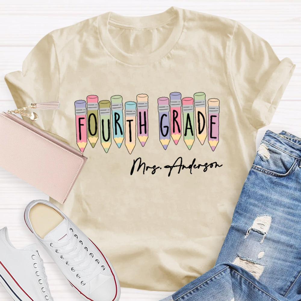 Personalized Name  And Grade Fourth Grade Colored Crayons T-shirt