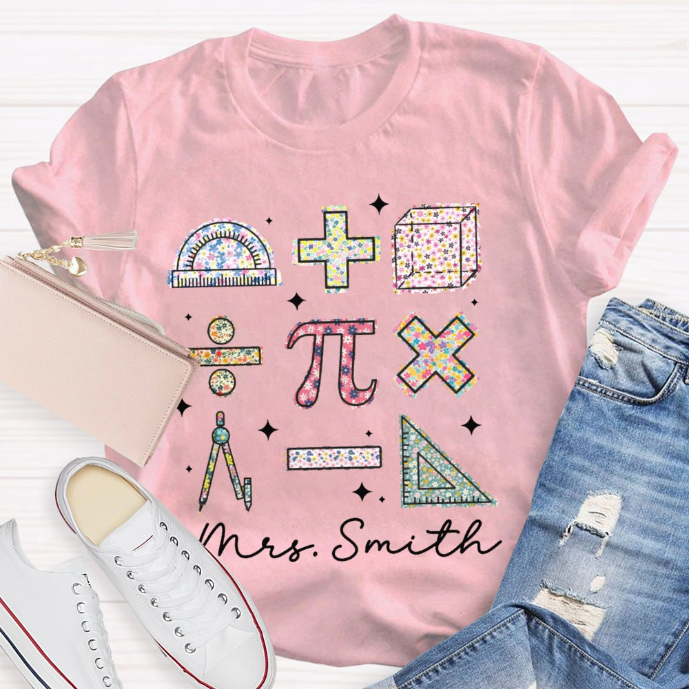 Personalized Name Colorful Tie-Dye Pattern Print Math Teacher T-shirt