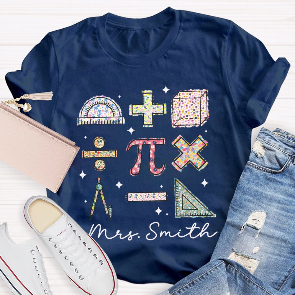 Personalized Name Colorful Tie-Dye Pattern Print Math Teacher T-shirt