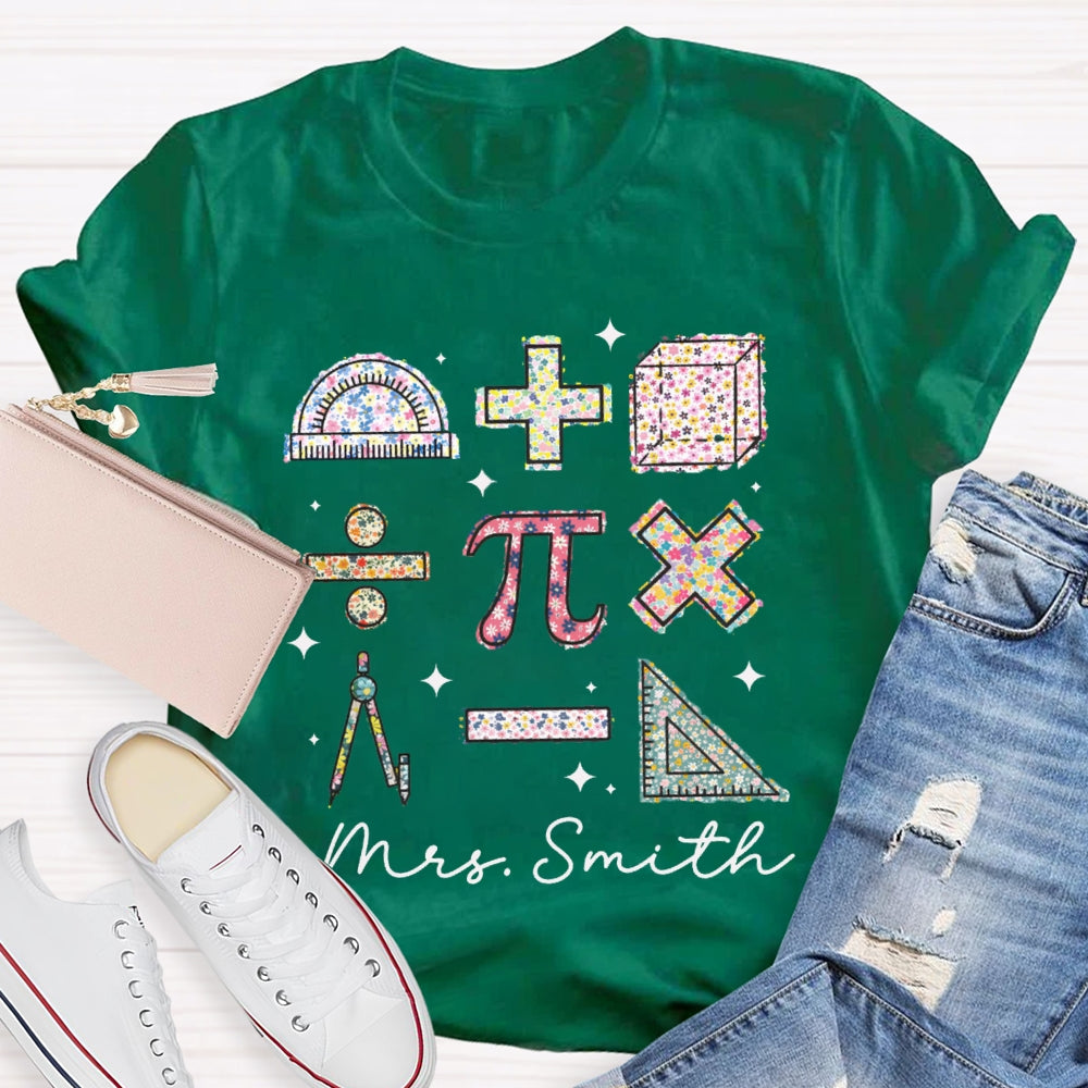 Personalized Name Colorful Tie-Dye Pattern Print Math Teacher T-shirt