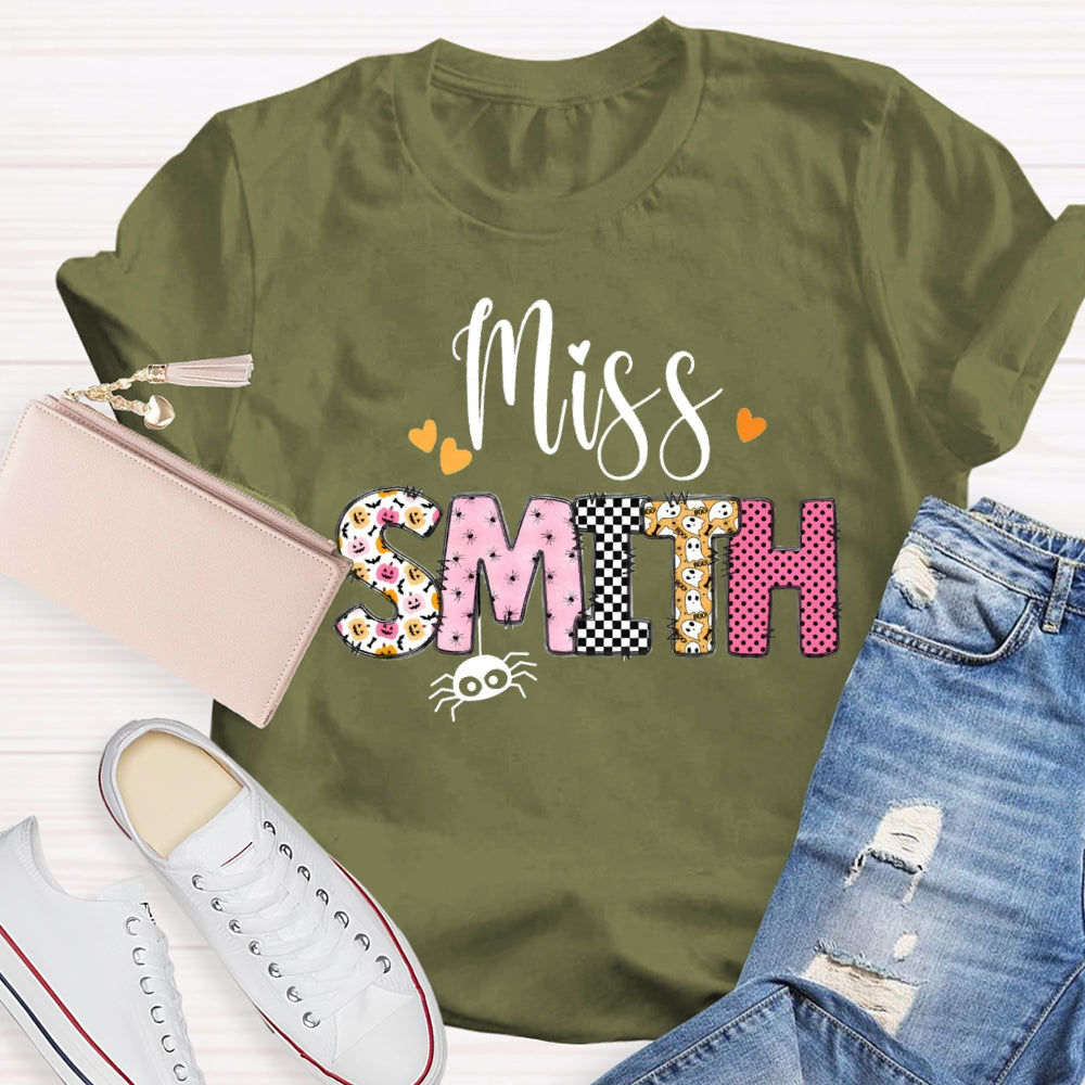 Personalized Name Pumpkin Spider Print T-Shirt
