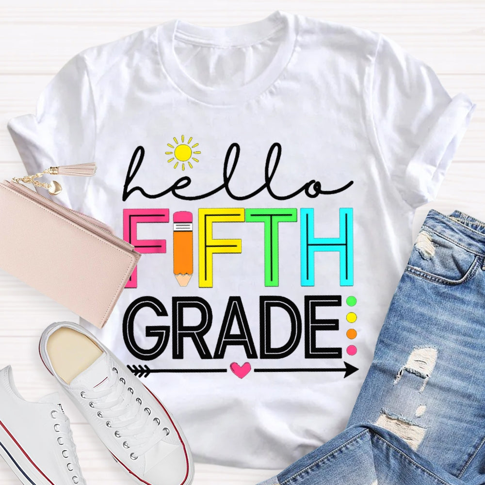 Personalized Grade Hello Fifth Grade Little Sun And Colorful Fonts T-shirt
