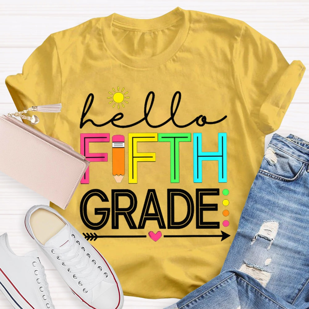 Personalized Grade Hello Fifth Grade Little Sun And Colorful Fonts T-shirt