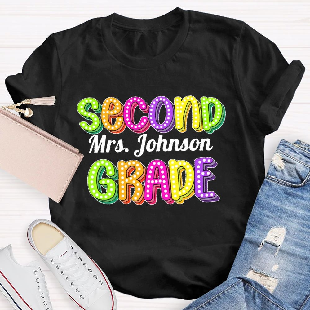 Personalized Name And Grade Second Grade Colored Polka Dots Letters T-shirt