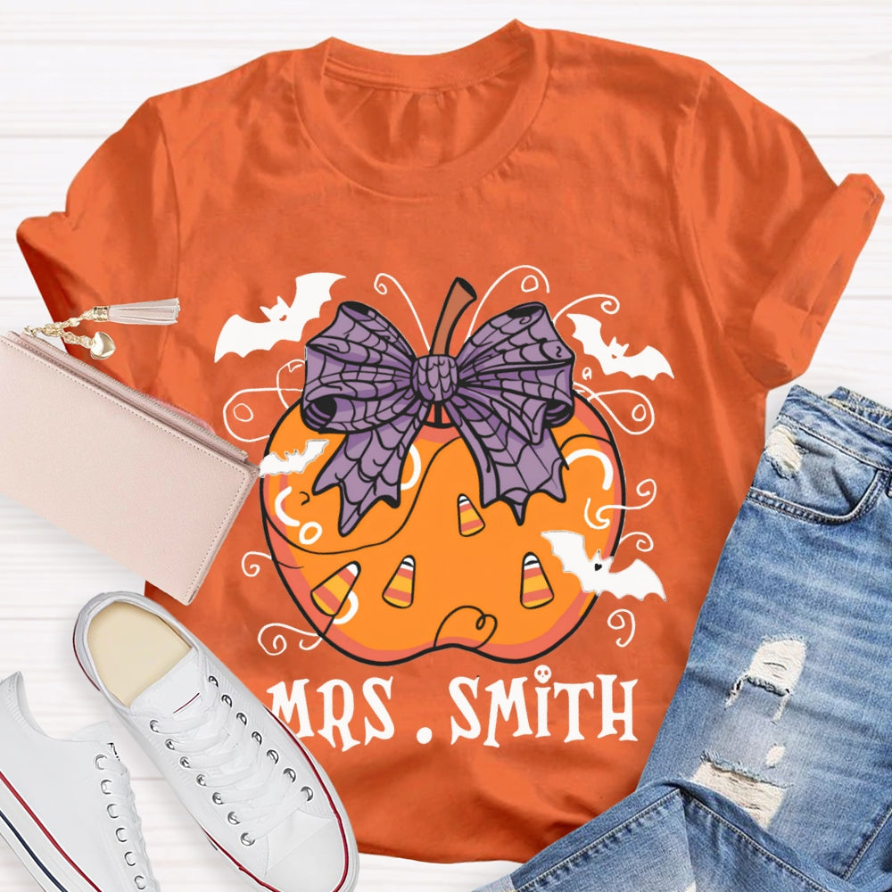 Personalized Name Purple Bow And Pumpkin Bat Halloween T-shirt