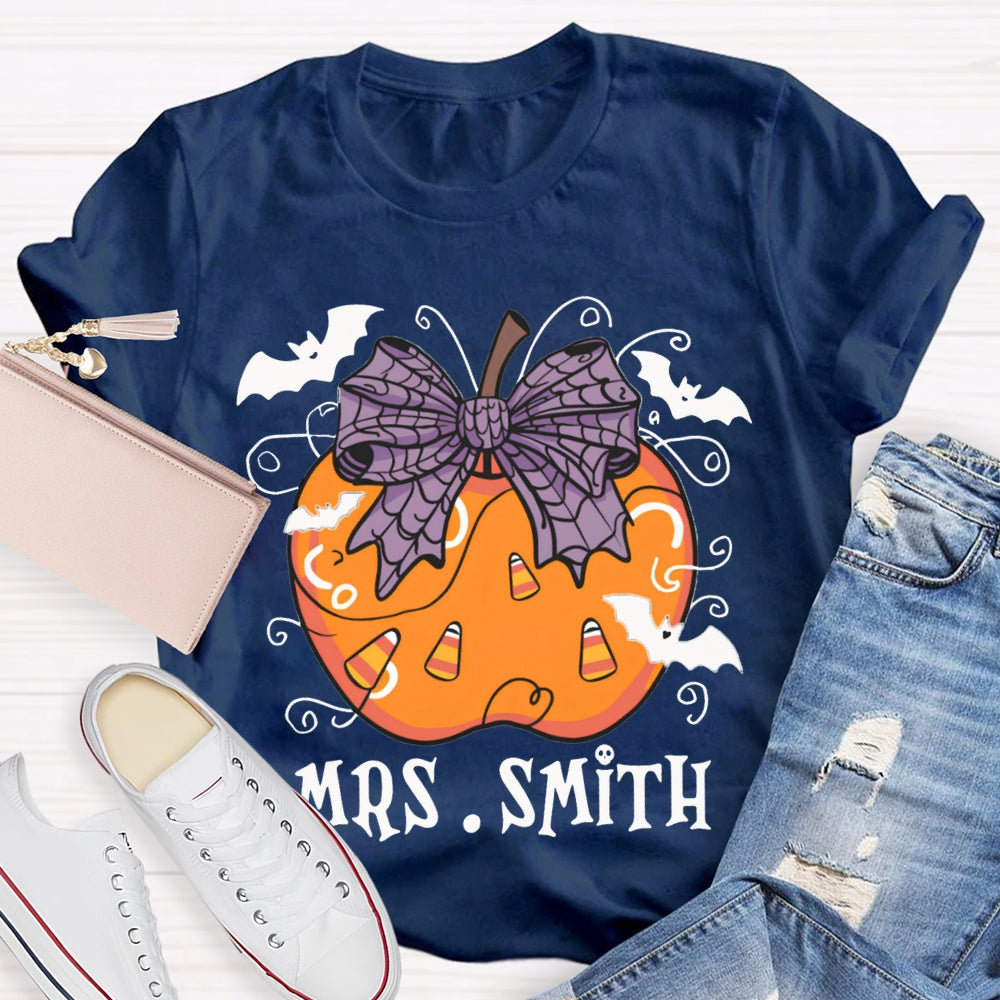 Personalized Name Purple Bow And Pumpkin Bat Halloween T-shirt