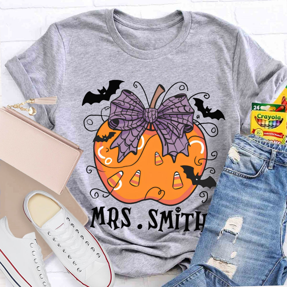 Personalized Name Purple Bow And Pumpkin Bat Halloween T-shirt