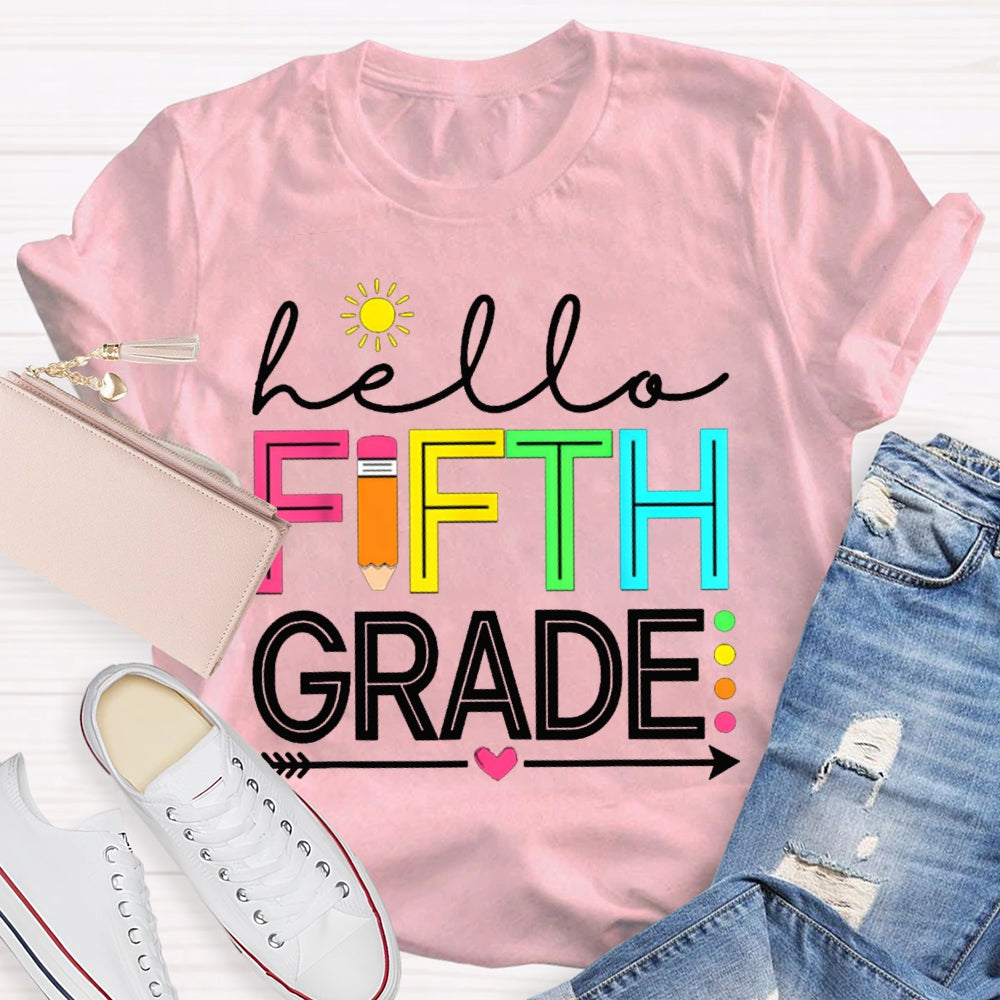 Personalized Grade Hello Fifth Grade Little Sun And Colorful Fonts T-shirt