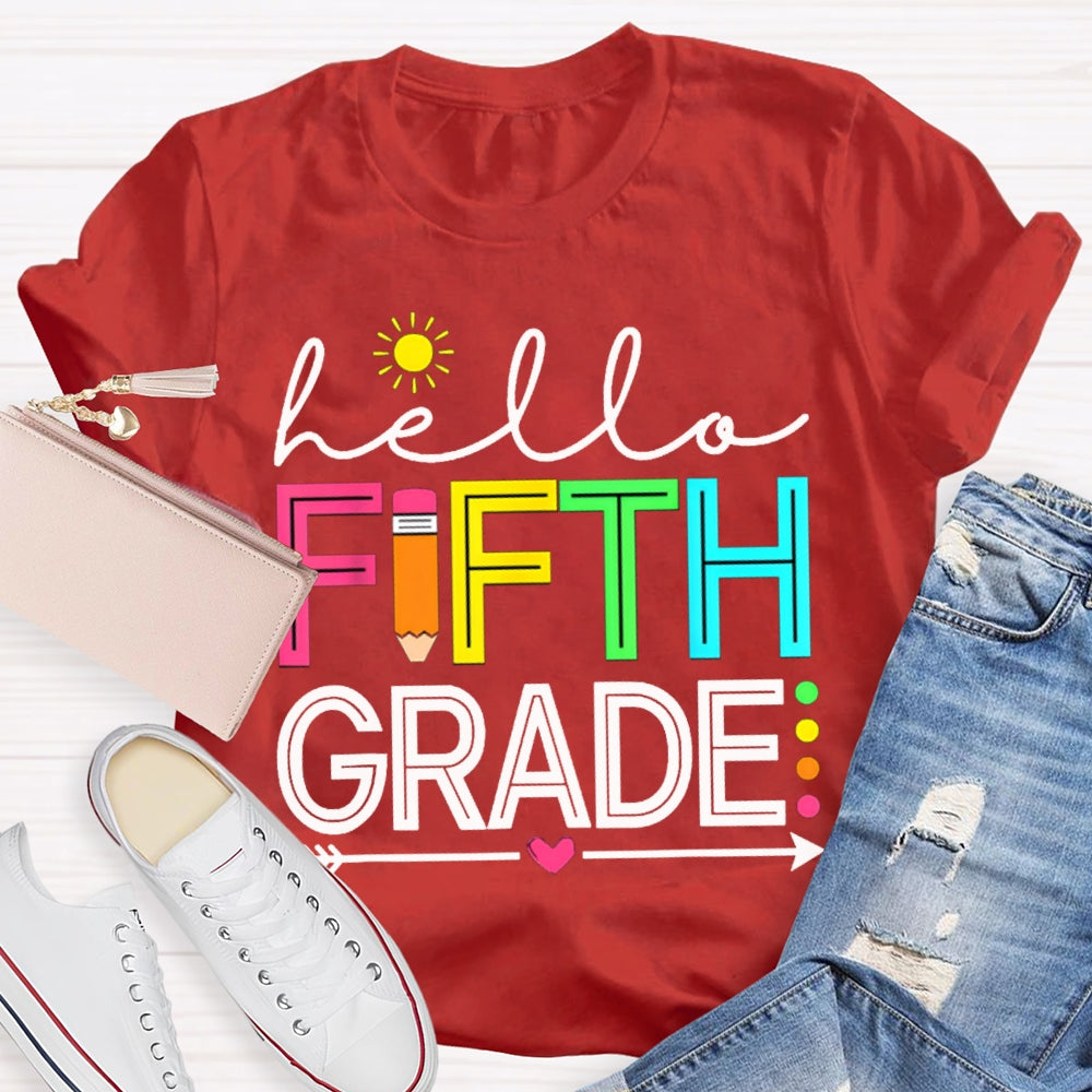Personalized Grade Hello Fifth Grade Little Sun And Colorful Fonts T-shirt