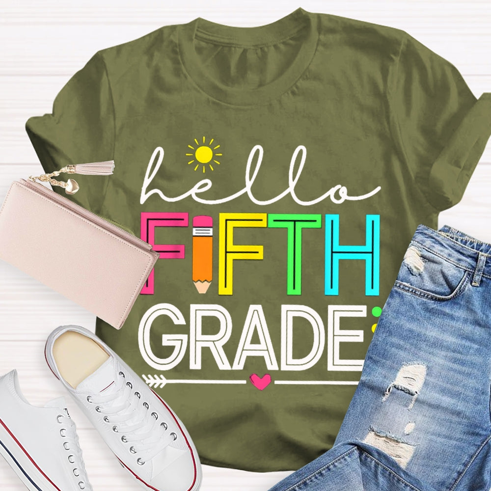 Personalized Grade Hello Fifth Grade Little Sun And Colorful Fonts T-shirt