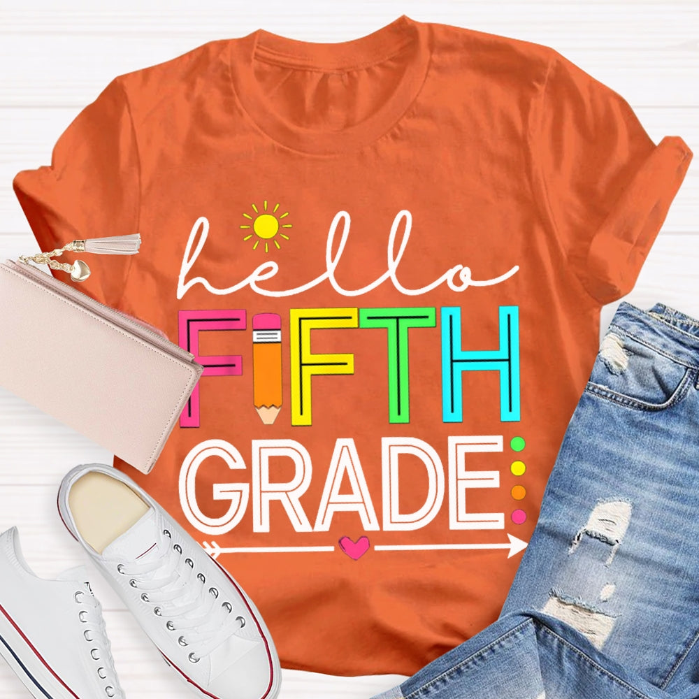 Personalized Grade Hello Fifth Grade Little Sun And Colorful Fonts T-shirt