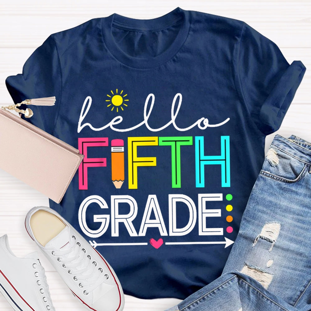 Personalized Grade Hello Fifth Grade Little Sun And Colorful Fonts T-shirt