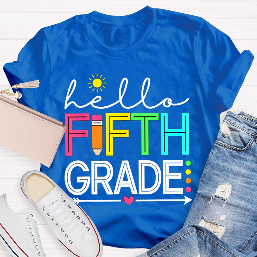 Personalized Grade Hello Fifth Grade Little Sun And Colorful Fonts T-shirt