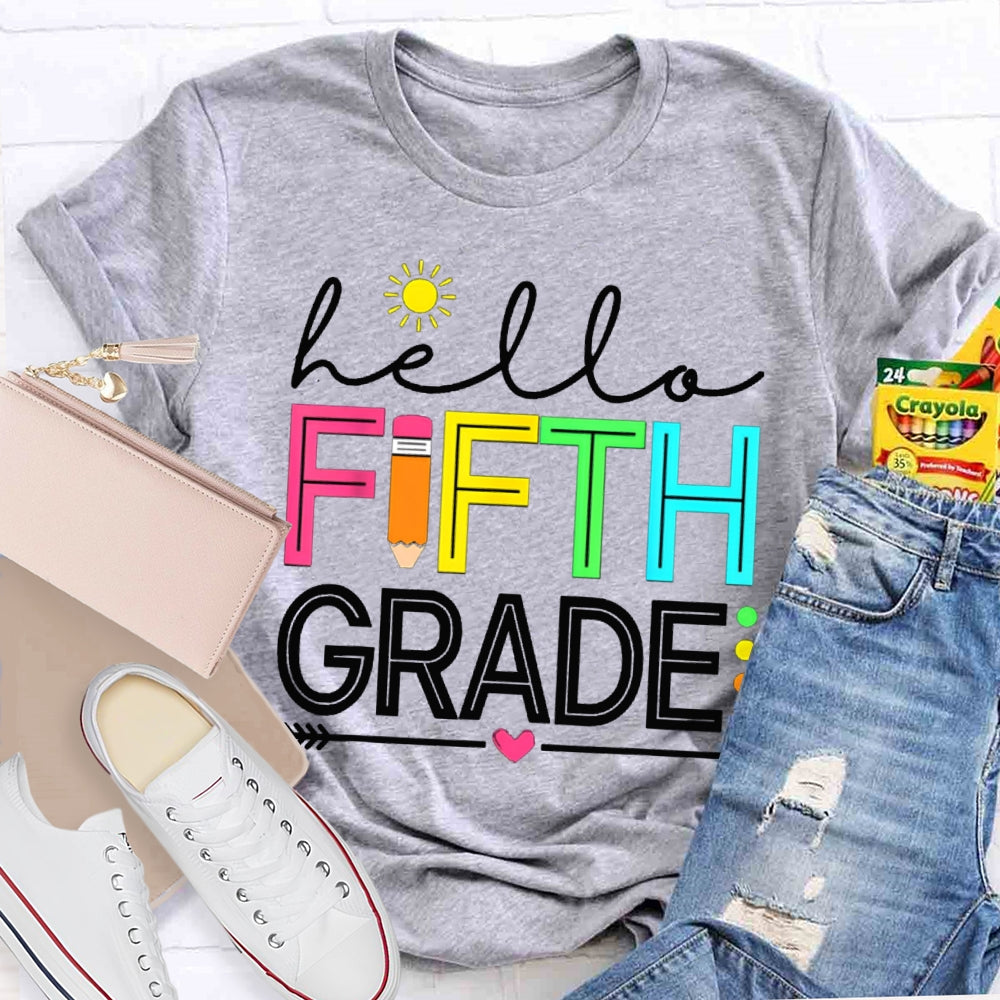 Personalized Grade Hello Fifth Grade Little Sun And Colorful Fonts T-shirt