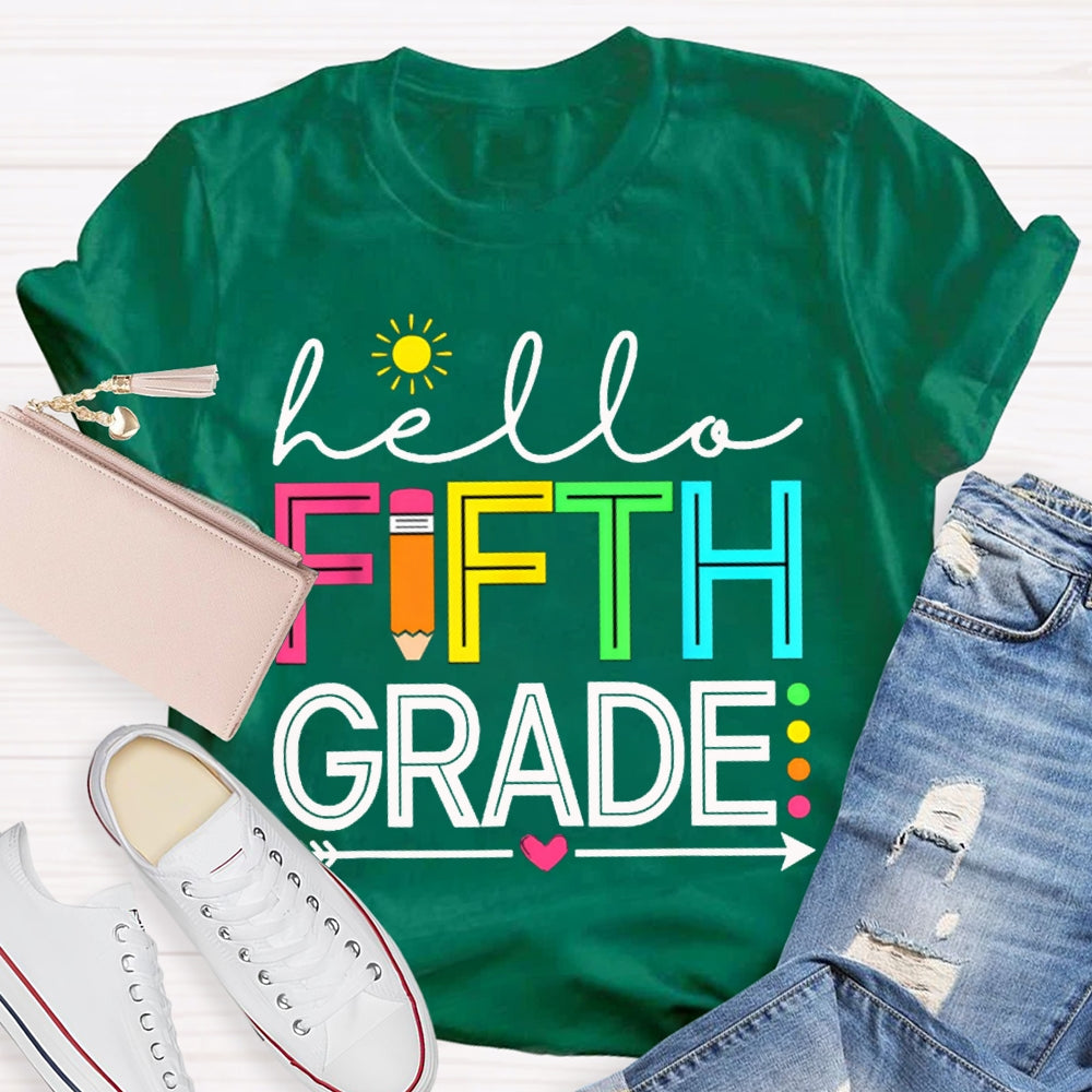 Personalized Grade Hello Fifth Grade Little Sun And Colorful Fonts T-shirt