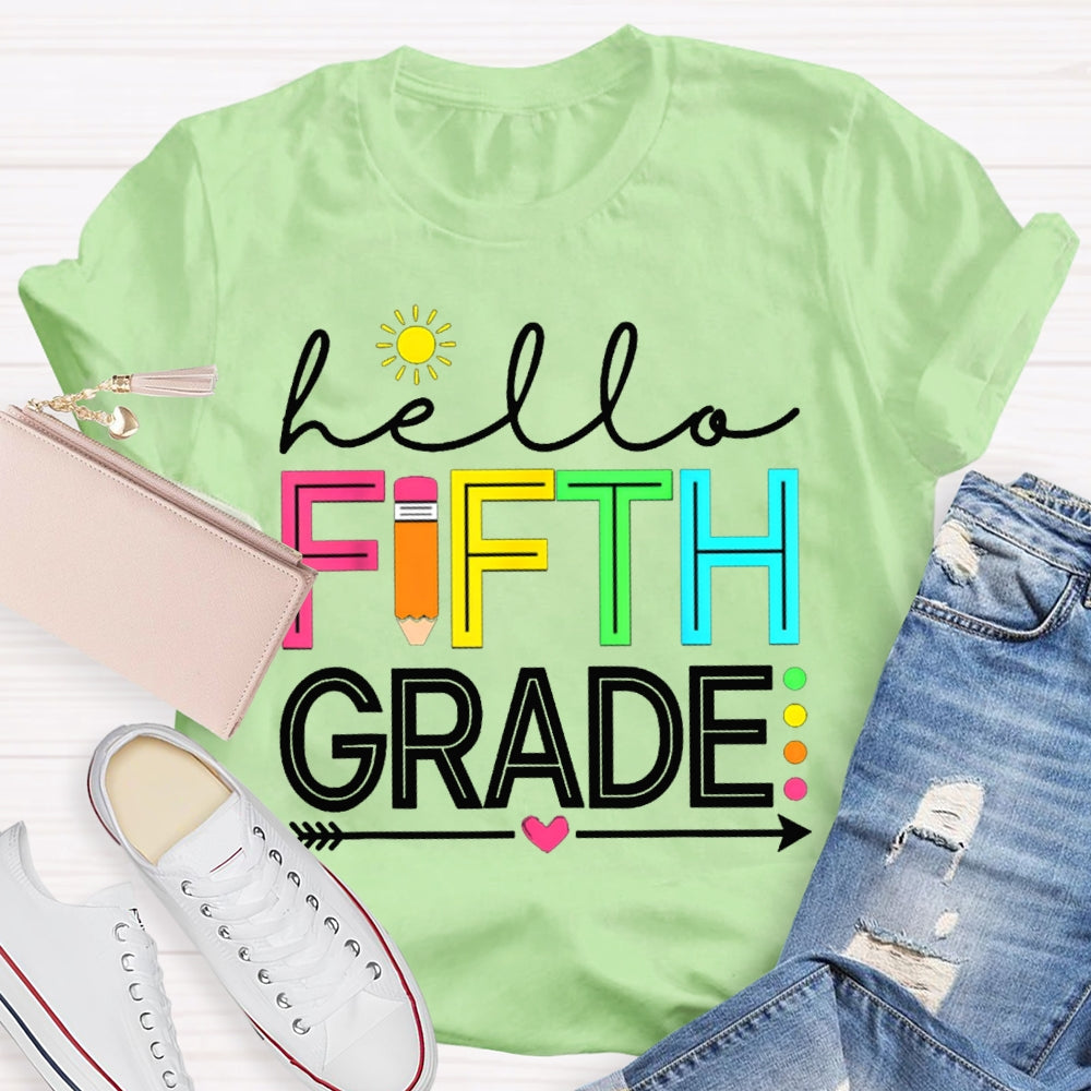 Personalized Grade Hello Fifth Grade Little Sun And Colorful Fonts T-shirt