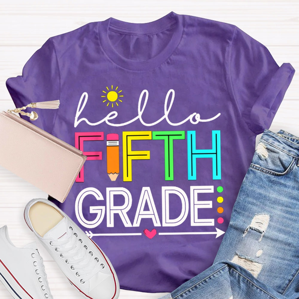 Personalized Grade Hello Fifth Grade Little Sun And Colorful Fonts T-shirt