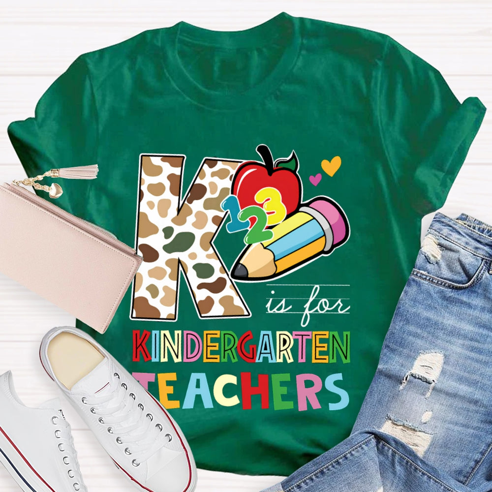 Personalized Grade K Is For Kindergarten Teacher Leopard Print And Colorful Fonts T-shirt