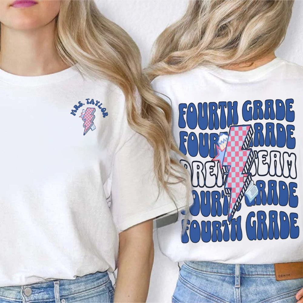 Personalized Name And Grade Fourth Grade Lightning Print Teacher Double Printed T-shirt