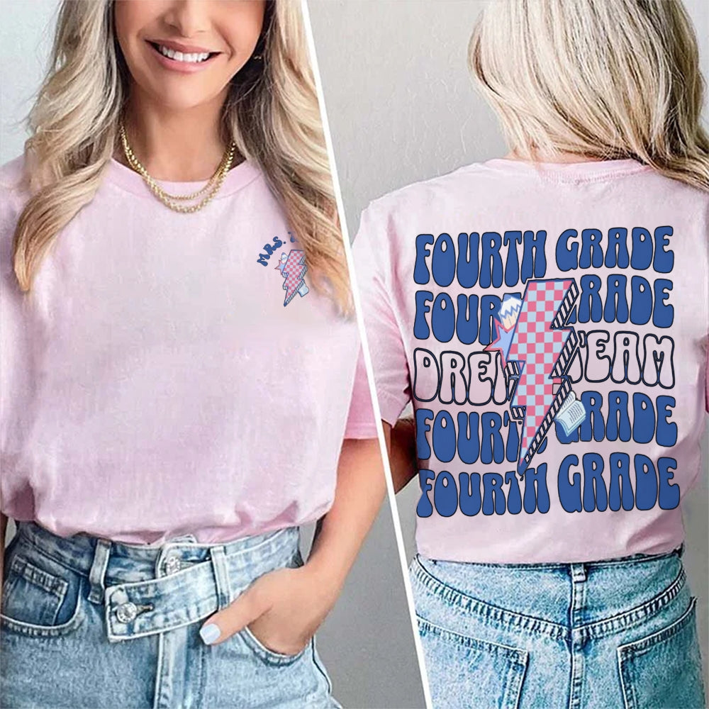 Personalized Name And Grade Fourth Grade Lightning Print Teacher Double Printed T-shirt