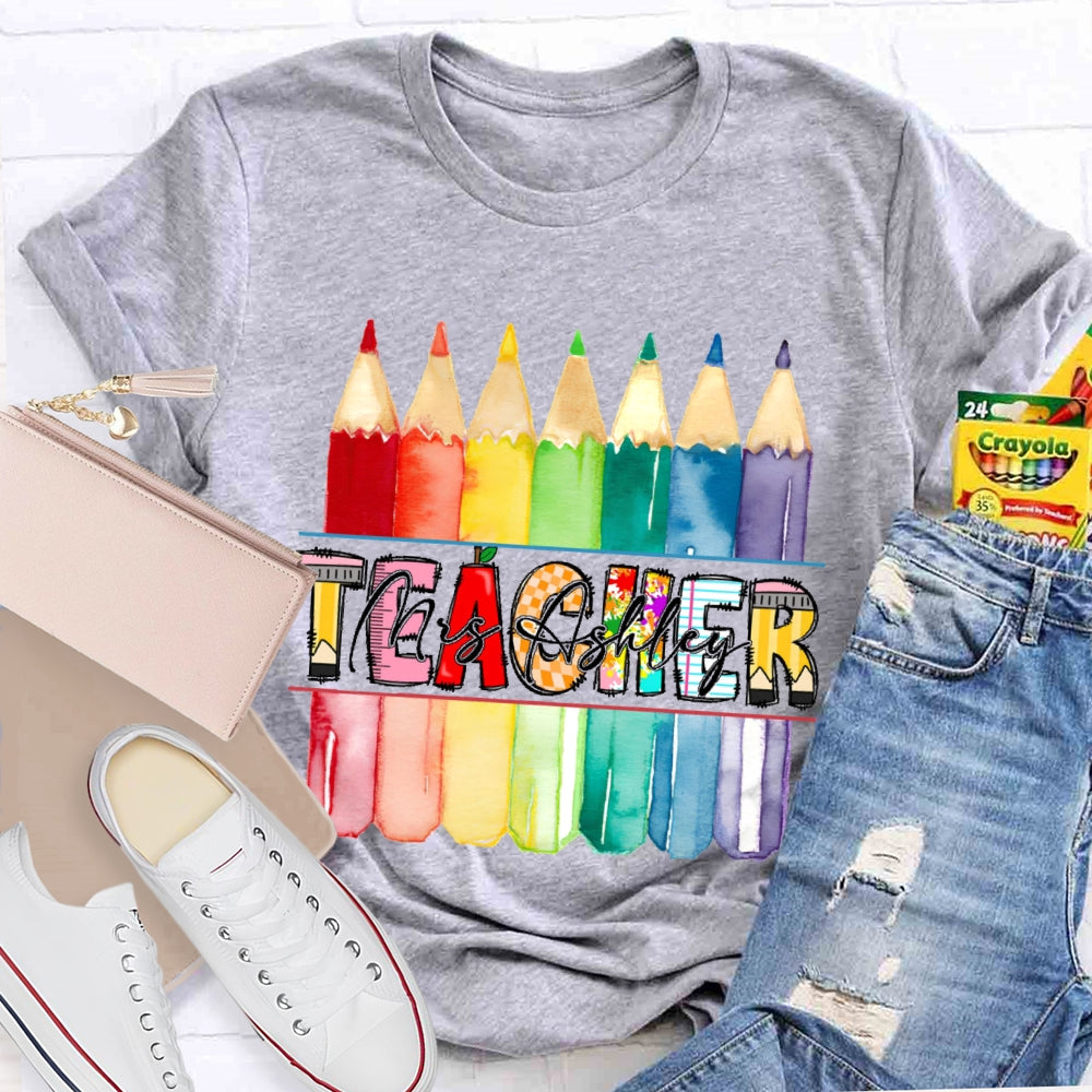 Personalized Name   Teacher Colored Pencils Funny T-shirt