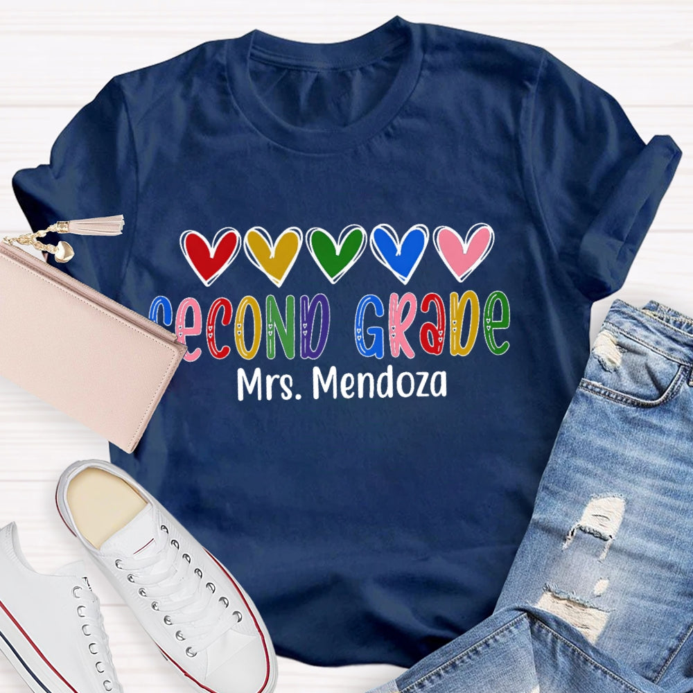 Personalized Name And Grade Second Grade Colorful Hearts And Fonts T-shirt