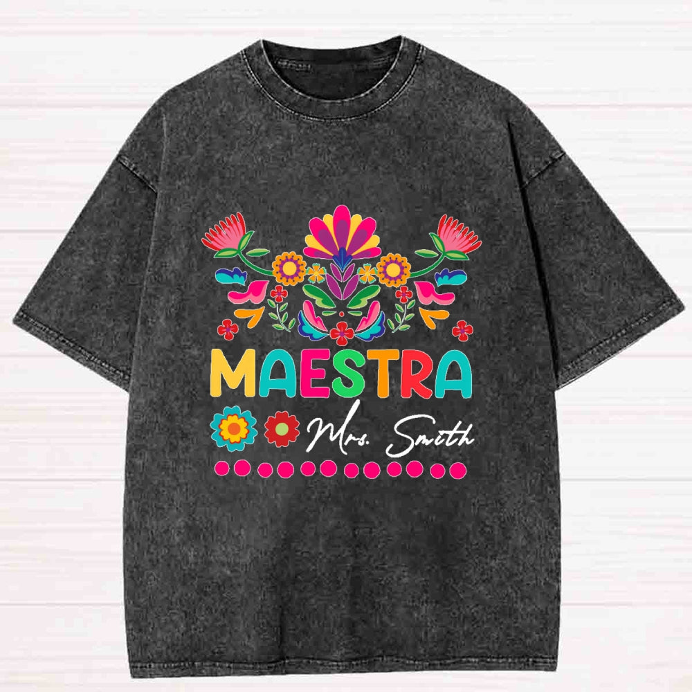 Personalized name Maestra Flowers Printing Washed T-shirt