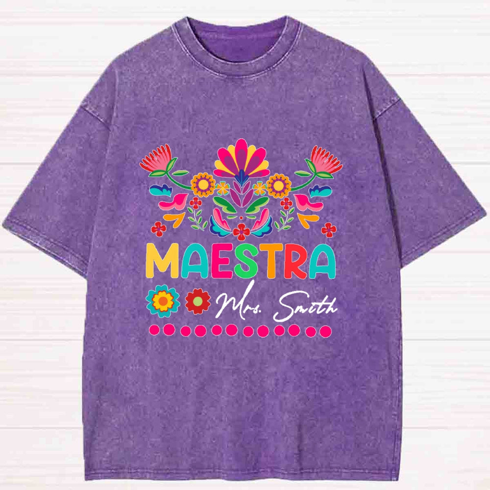 Personalized name Maestra Flowers Printing Washed T-shirt