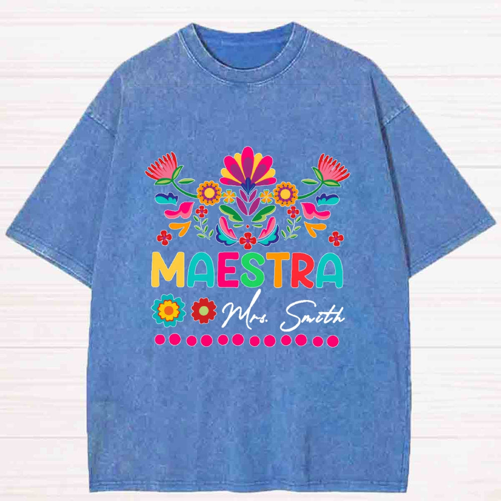 Personalized name Maestra Flowers Printing Washed T-shirt
