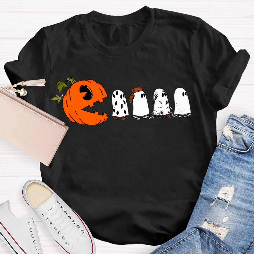 Pumpkin And Four Cute Ghosts Funny Halloween T-shirt