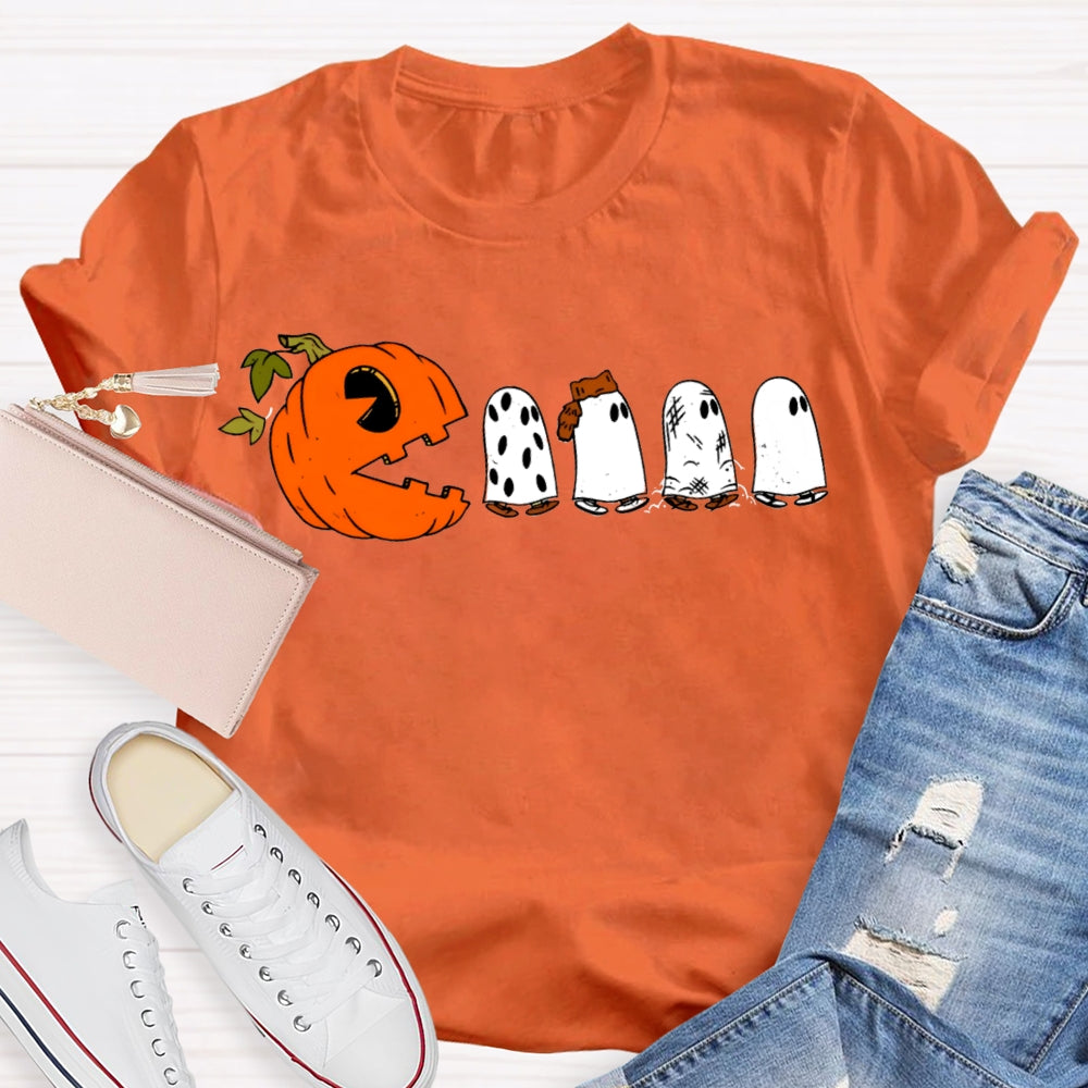 Pumpkin And Four Cute Ghosts Funny Halloween T-shirt