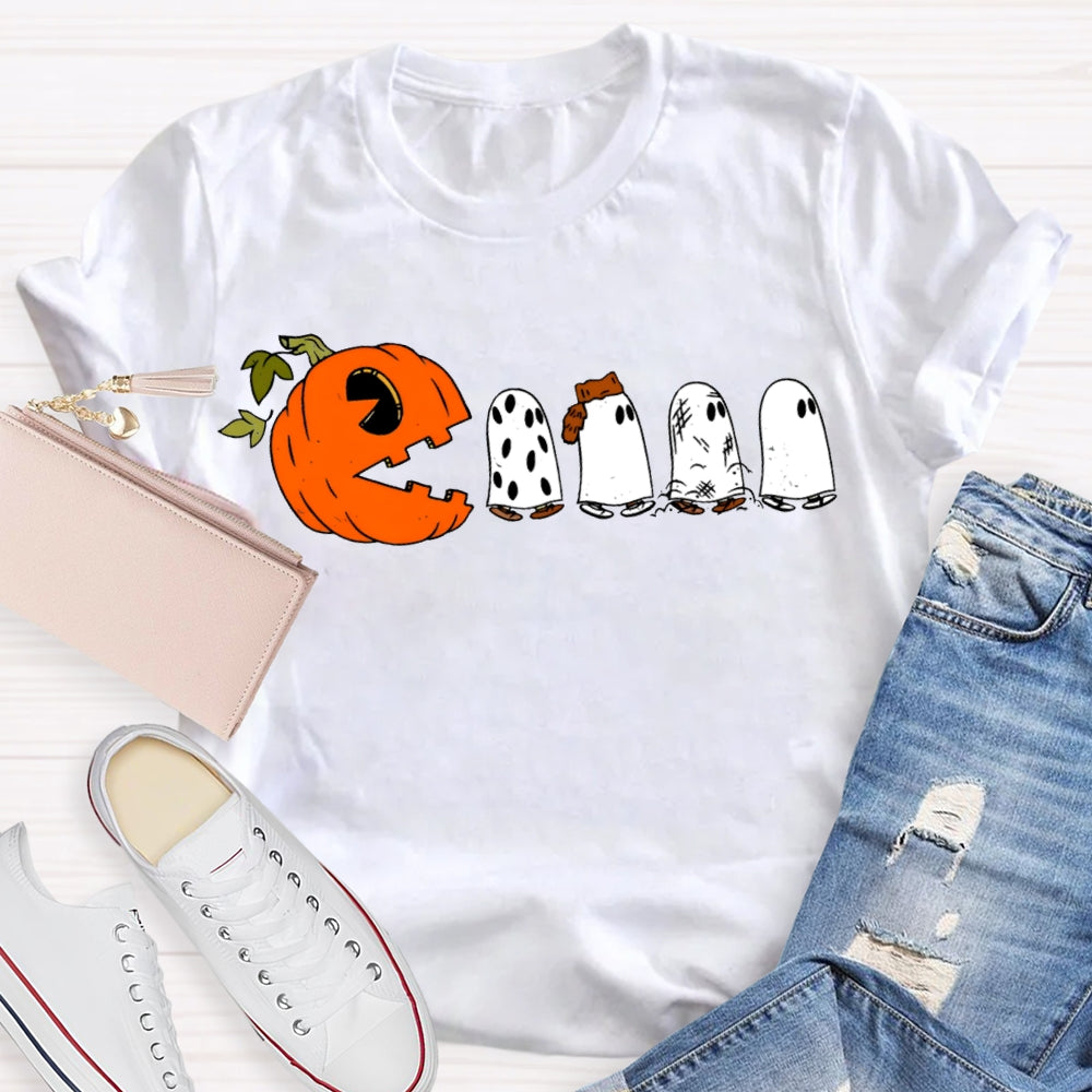 Pumpkin And Four Cute Ghosts Funny Halloween T-shirt