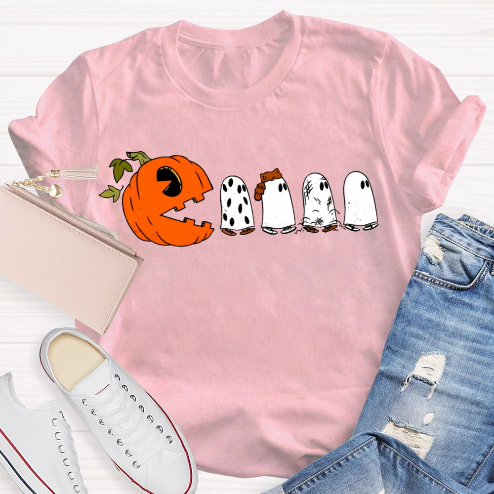 Pumpkin And Four Cute Ghosts Funny Halloween T-shirt