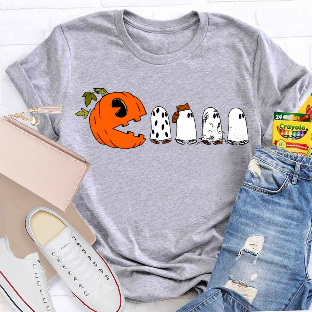 Pumpkin And Four Cute Ghosts Funny Halloween T-shirt