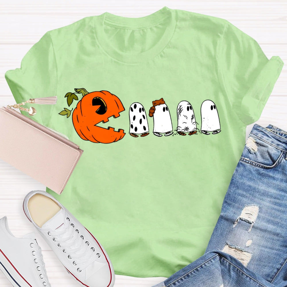 Pumpkin And Four Cute Ghosts Funny Halloween T-shirt