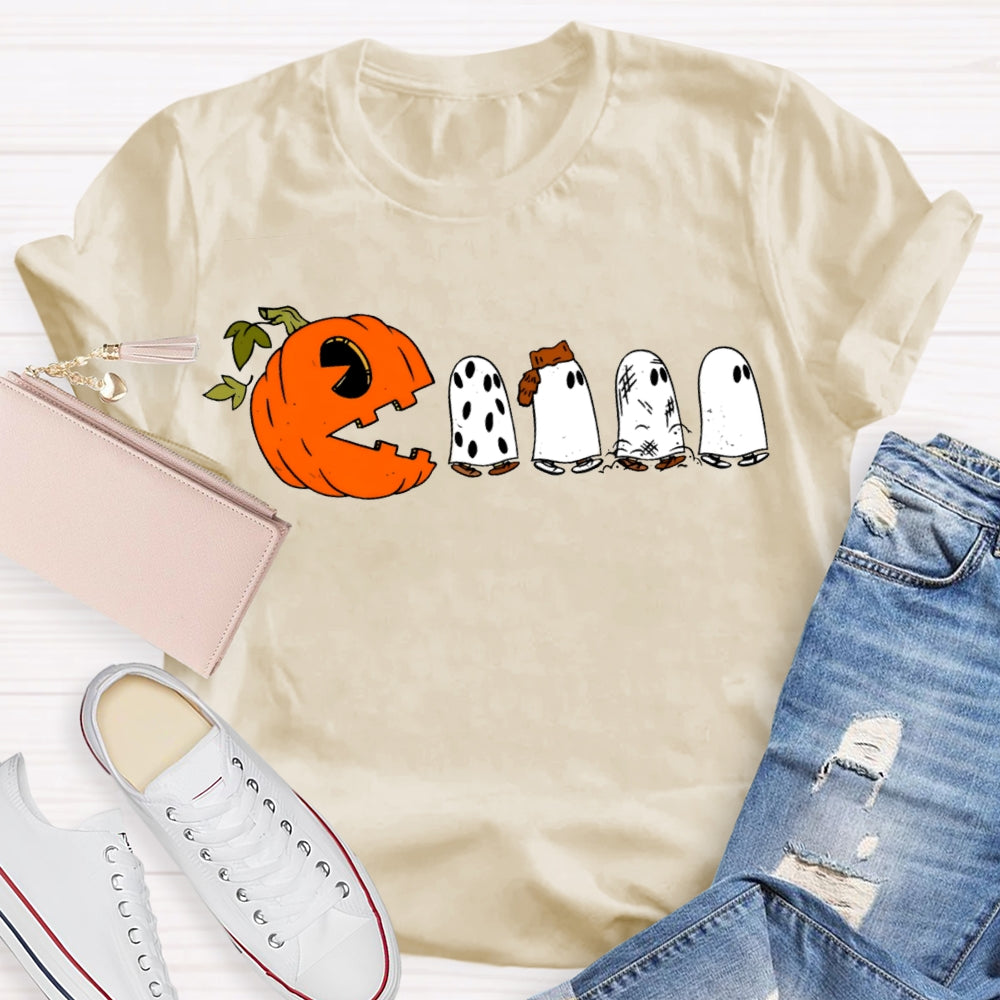 Pumpkin And Four Cute Ghosts Funny Halloween T-shirt