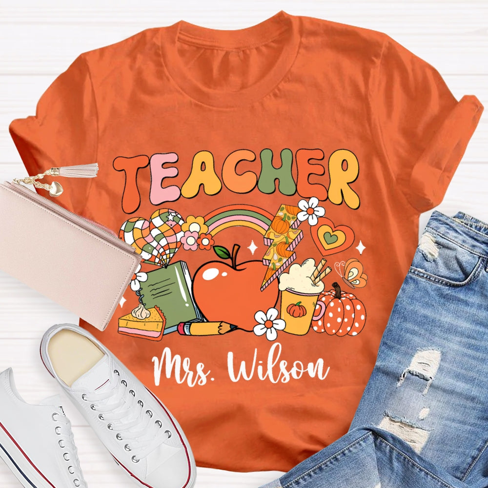Personalized Name Colorful Fonts Small Flowers And Pumpkins Halloween T-shirt