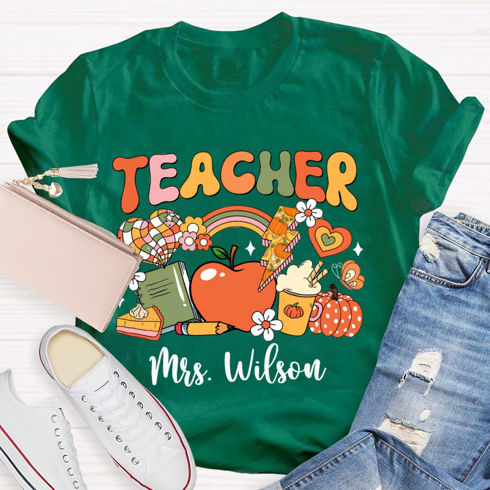 Personalized Name Colorful Fonts Small Flowers And Pumpkins Halloween T-shirt