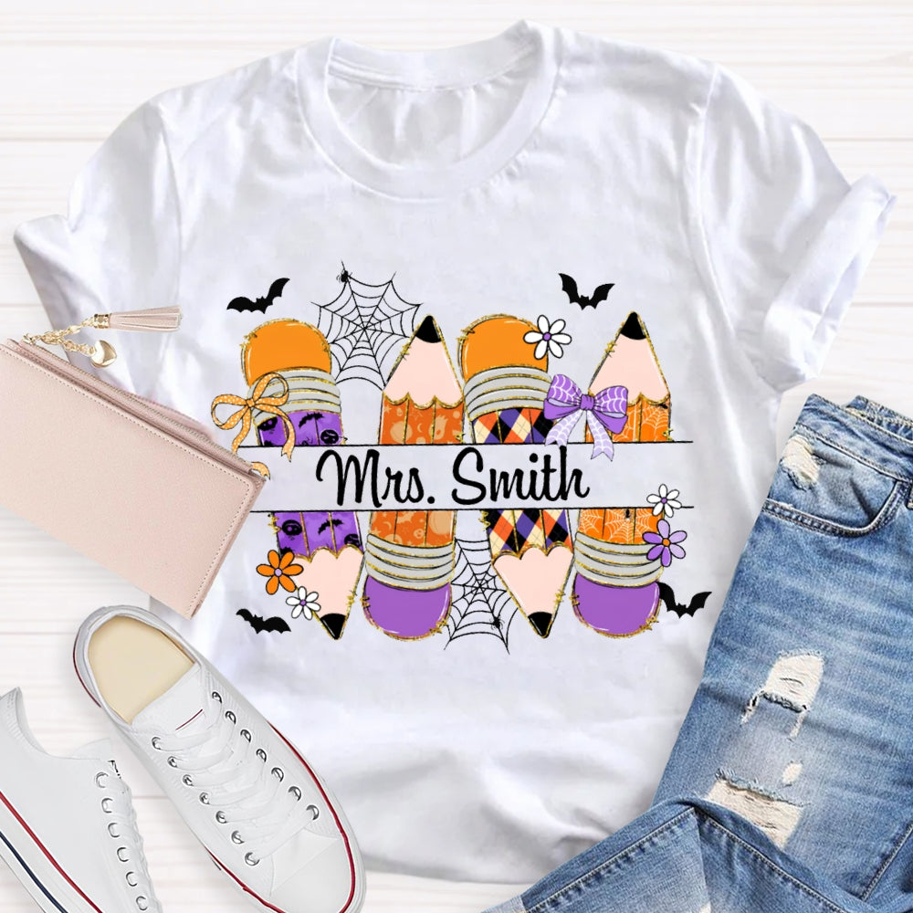 Personalized Name Colored Pencils And Little Bats Funny Halloween T-shirt