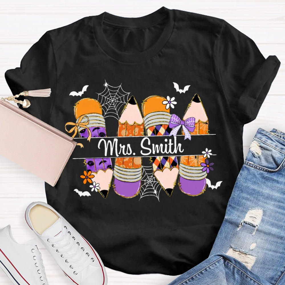 Personalized Name Colored Pencils And Little Bats Funny Halloween T-shirt
