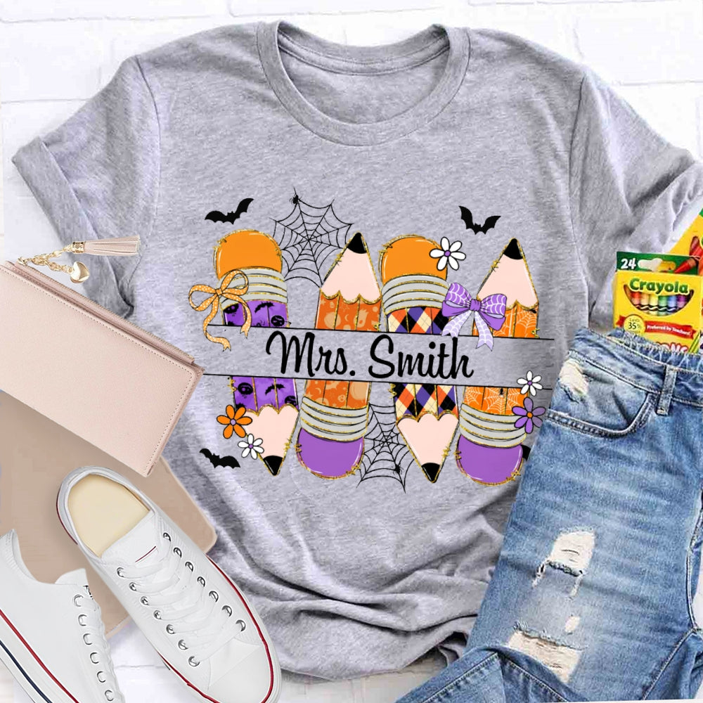 Personalized Name Colored Pencils And Little Bats Funny Halloween T-shirt