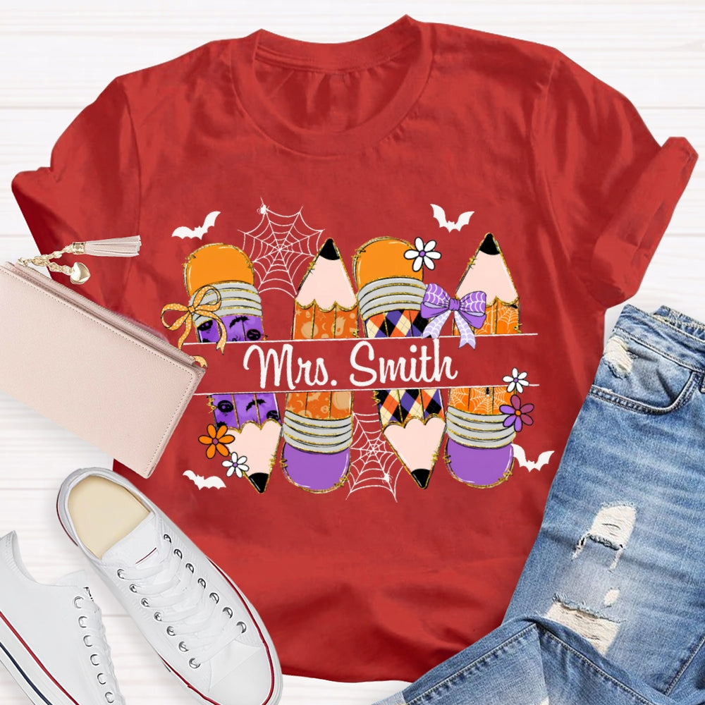 Personalized Name Colored Pencils And Little Bats Funny Halloween T-shirt