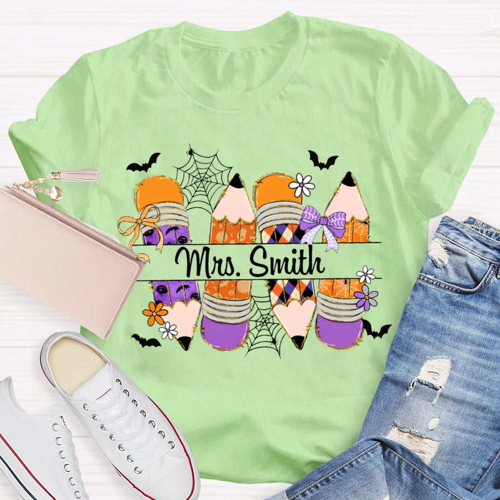 Personalized Name Colored Pencils And Little Bats Funny Halloween T-shirt