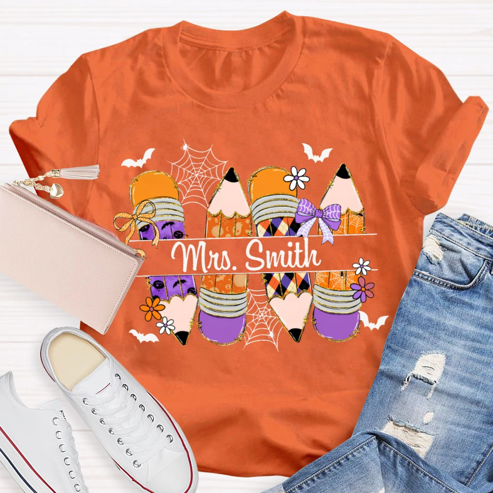 Personalized Name Colored Pencils And Little Bats Funny Halloween T-shirt