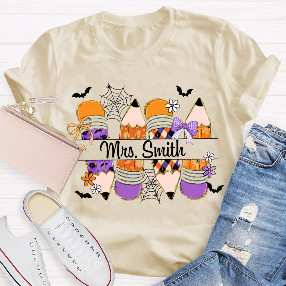 Personalized Name Colored Pencils And Little Bats Funny Halloween T-shirt