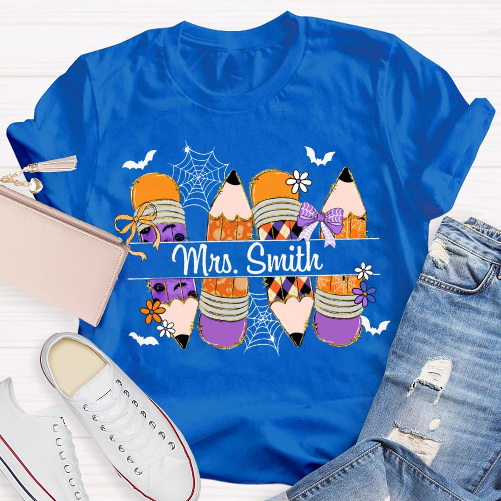 Personalized Name Colored Pencils And Little Bats Funny Halloween T-shirt