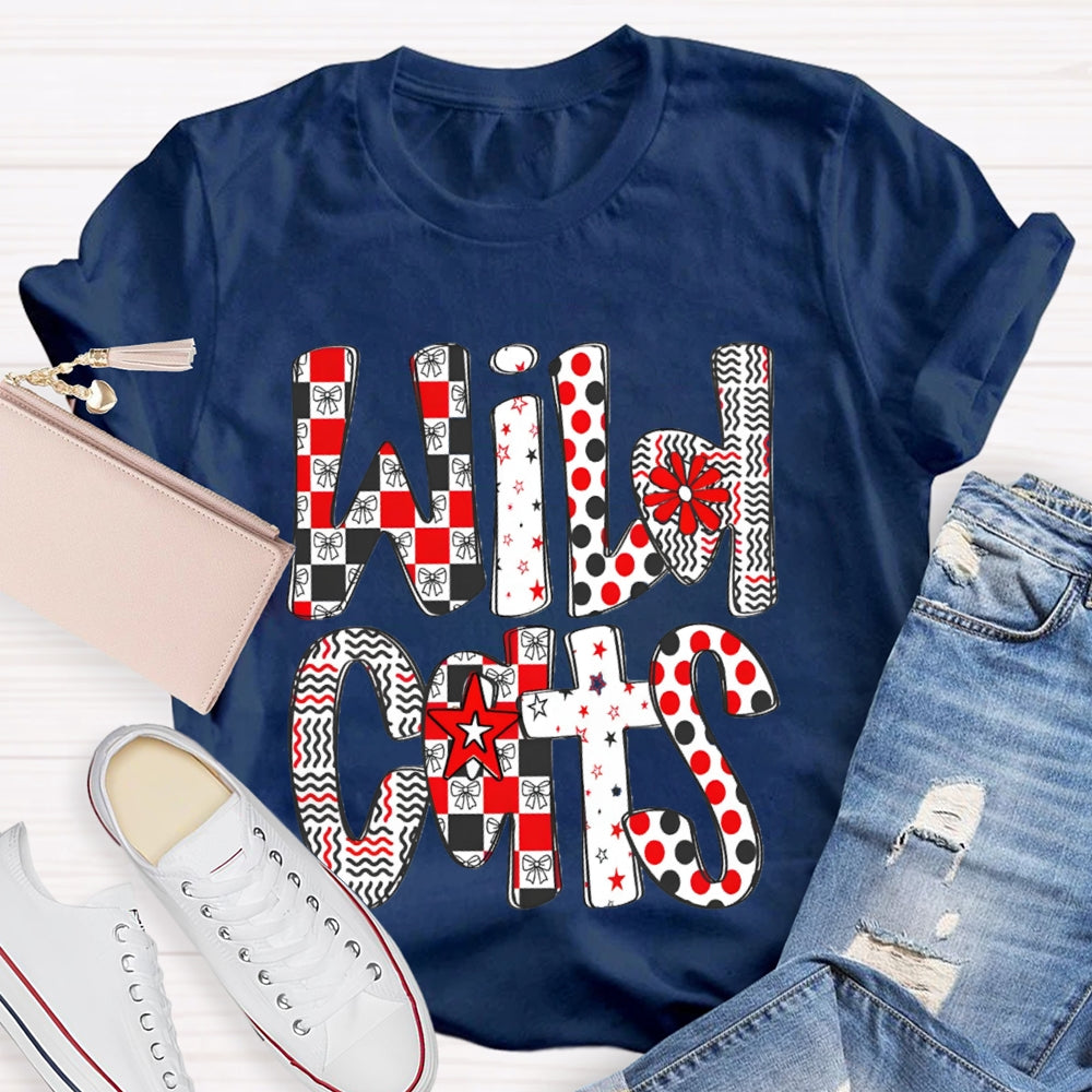 Personalized School Mascot Wild Cats Colorful Polka Dot Font T-shirt